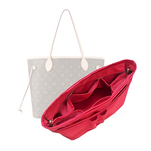 Image of Divitize Waterproof Nylon Purse Organizer compatible with LV Neverfull PM/MM/GM with zipper, Handmade Oval Shaped Insert with Gold Zipper Snug Sturdy (For Neverfull GM, Red)