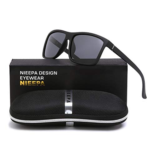 Nieepa Men's Driving Sports Polarized Sunglasses Square Wayfarer Plastic Frame Glasses (Grey Lens/Black Frame) #TOP1