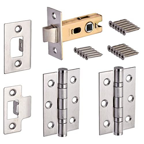 Hardware Solutions - Tubular Latch 76mm and Ball Bearing Hinges 76mm - Premium Design - Satin Stainless Steel - Fixings Included