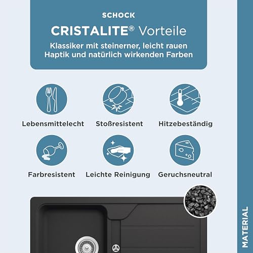 SCHOCK Küchenspüle Formhaus D-100 Onyx 86x50 cm - CRISTALITE® Schwarz mit Abtropffläche - Küchenspüle für 45 cm Unterschrank - Reversible Einbauspüle - Robuste Quarzkomposit-Oberfläche