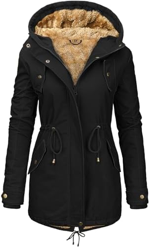 Vancavoo Winterjacke Damen Winter Warm Winterparka Gefüttert Mantel Parka | Wintermantel mit Kapuze, Verstellbarer Taillenzug, Rippbündchen, Reißverschluss mit Knopfleiste