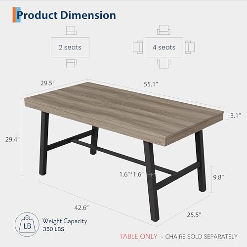 Image of GarveeHome Industrial Dining Table for 2-4, 55 inch Heavy Duty Rectangular Kitchen Table with 2 inchx2 inch Metal Legs, Small Space Dining Table for Kitchen, Dining Room (Grey Walnut, 55 inch Non-extendable)