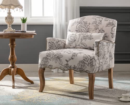 Ealson Mid Century Accent Chair Modern Floral Armchair Wingback Club Chair Upholstered Fabric Single Sofa Lounge Chair With Pillow For Living Room/Bedroom, Beige #TOP5