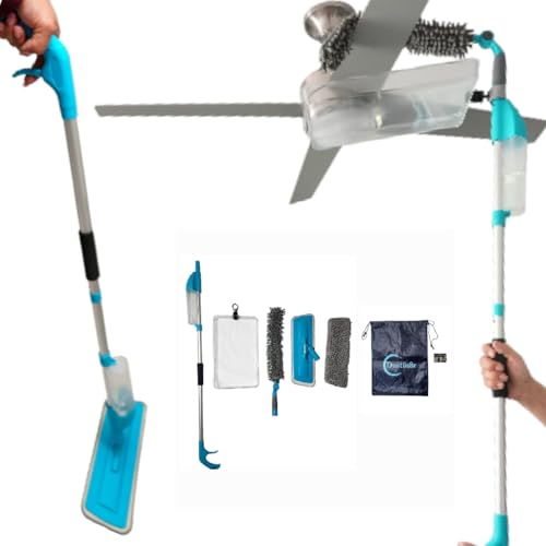 Patented 3-in-1 Ceiling Fan Cleaner Duster with Adjustable Dust-Catching Tray, Spray Mop, Wall Cleaner and Furniture Duster. Sprays Up & Down. Lightweight