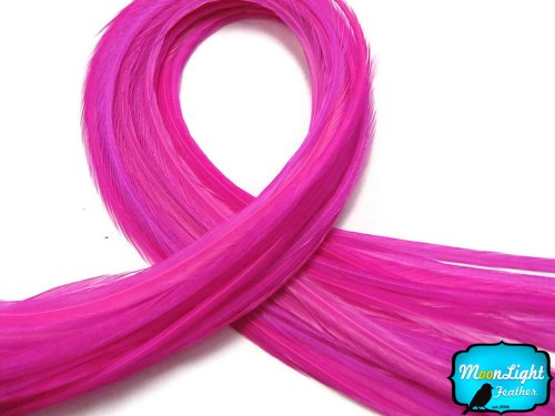 Moonlight Feather, Hair Feathers - Solid Hot Pink Thin Long Rooster Hackle Hair Extension Feathers - 10 Pieces
