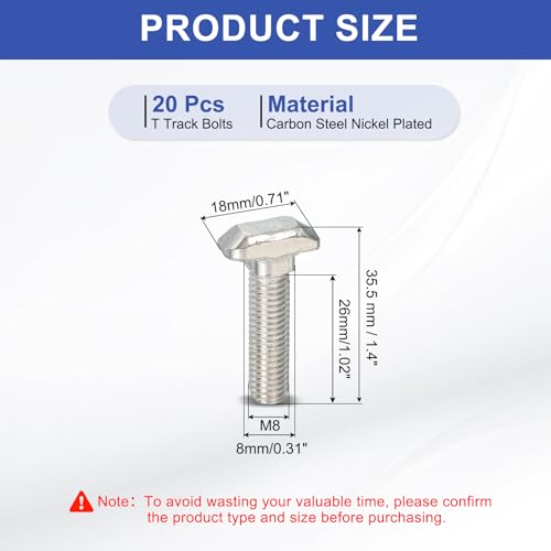 Image of PATIKIL M8 x 28 mm Thread T-Slot Bolts, 20 Pcs Drop-in Bolt Hammer Head T-Bolt Standard 8 mm Sliding Screw Stud for 40 Series Aluminum Extrusion Profile, Silver