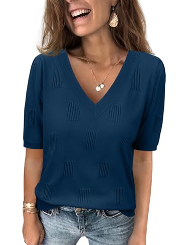 Image of ATHMILE Summer Tops for Women 2025 Short Sleeve V Neck Sweaters Dressy Casual Blouses Lightweight Thin Knit Fashion Shirts