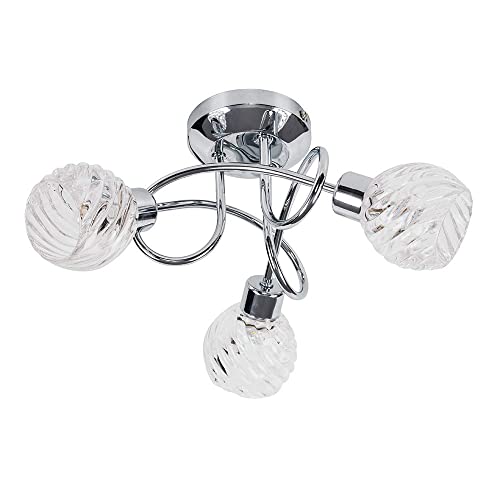 MiniSun Contemporary 3 Way Polished Chrome Curved Arm Flush Ceiling Light with Swirled Glass Dome Shades - Complete with 3w LED G9 Bulbs [6500K Cool White]