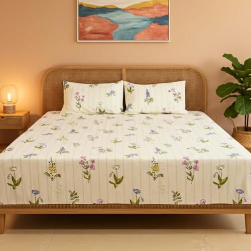 Image of Sleepy Threads King Size Blended Cotton Bedsheet with Soft and Breathable Fabric, Wrinkle Free Golden Brown Leaf Print Bedroom Bedding Set, 1 Bedsheet with 2 Pillow Cover (108x108 Inch, Light Beige)