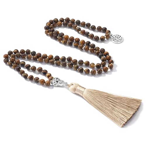 INBLUE 108 Mala Prayer Beads Wrap Necklace with Long Tassel Boho for Women Amazonite Bracelet with Spiritual Tree of Life Pendant 108 Beads Necklace for Meditation - Brown