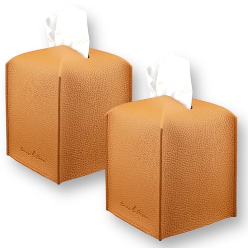 Connsole Casa Premium PU Leather Tissue Box Holder - Elegant Hotel-Style Tissue Box Cover for Home, Office & Car Décor, Tissues Cube Organizer for a Natural & Classic Look (Orange 2 Pack)
