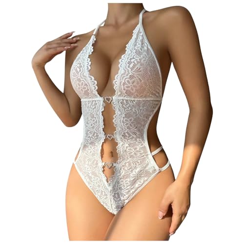 2025 - Lencería Sexy Body De Peluche Floral Encaje Lencería Amarillo Mujer, Blanco, S