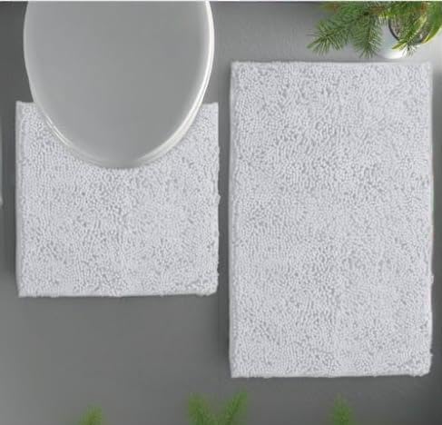 LuxUrux Bath Mat, Luxury Chenille (2-Piece) Bath Mat Set, Soft Plush Anti-Slip Bath Rug + Toilet Mat.1'' Microfiber Shaggy Carpet, Super Absorbent (Curved Set Small, White)