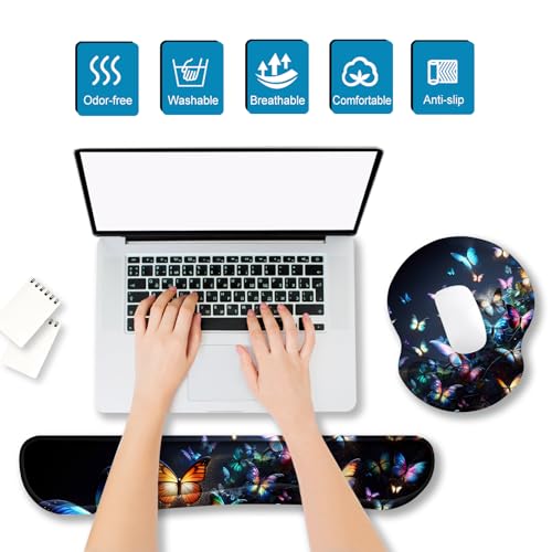 ARTSO Ergonomic Mouse Pad with Wrist Rest, Comfortable Keyboard Wrist Rest, Memory Foam Mousepad for Computer Keyboard, Mouse Pad Set for Easy Typing, Pain Relief, Night Butterfly