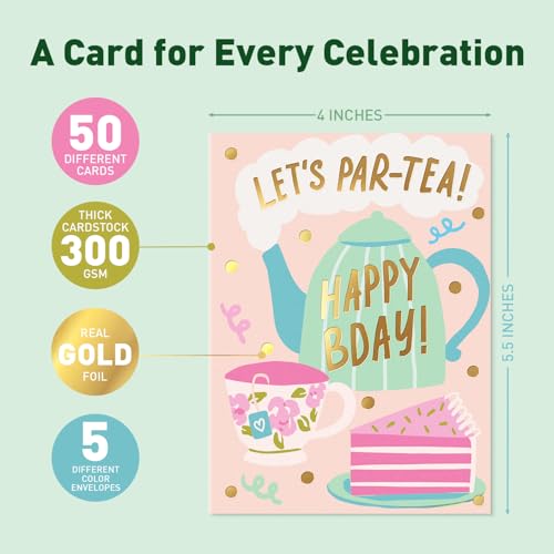 Image of Sweetzer & Orange Happy Birthday Cards with Envelopes and Assortment Box - Variety Set of 50 Assorted Birthday Notes. Perfect Bulk Pack for Celebrations, Office, Friends & Special Occasions-4x5.5