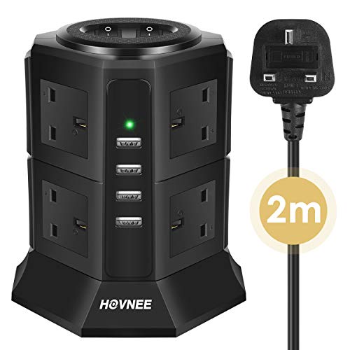 HOVNEE - Striscia di alimentazione a torre multiple a 8 porte con 4 porte di ricarica USB e cavo da 2 m (5 V/4,5 A) interruttore singolo protezione da sovratensione e corto circuito