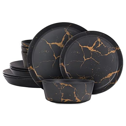 FELOVUWON Melamine Dinnerware Set 12Pcs Unbreakable Dinner Plates and Bowls Set for 4 BPA-Free Dishwasher Safe Dishes Set Suitable for Casual Indoor Outdoor Dining Party RV Camping (Black Marble)
