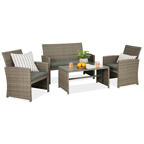 Best Choice Products 4-Piece Outdoor Wicker Patio Conversation Furniture Set for Backyard w/Coffee Table, Seat Cushions - Taupe/Slate Green