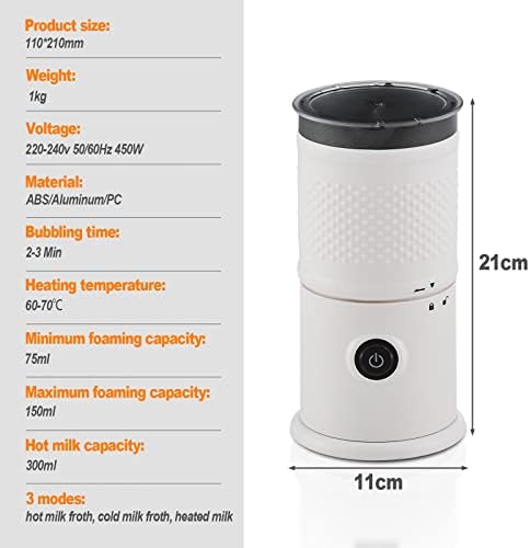 TUKAILAI Milk Frothers, 450W Electric 3 in 1 Hot & Cold Milk Frother Machine with LED Button, Non Stick Coating, Automatic Shut-Off for Coffee, Latte, Cappuccino, Multifunctional Milk Frother, White