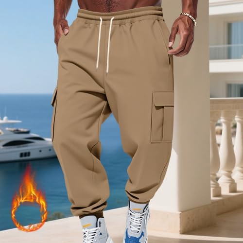 Mens Fleece Cargo Sweatpants Drawstring Waist Baggy Jogger Pants with Pockets Soft Athletic Winter Track Pants3