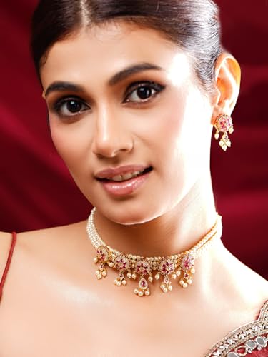 Image of Rubans Pearl Choker Necklace Set Ruby Pink Cubic Zirconia Bridal Wedding Jewellery Gift for Women & Girls