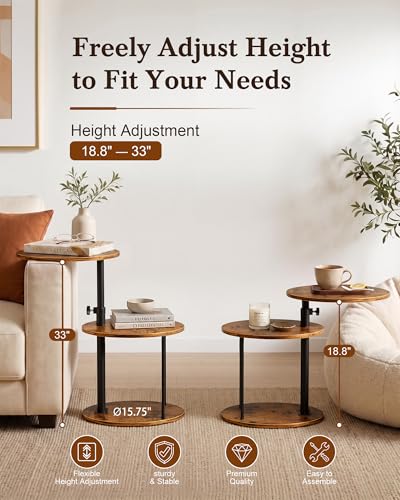 Image of Faesun Swivel Round Table for Couch Arm, Height Adjustable C Shaped End Table for Recliner or Bed, Tv Trays with Storage Shelf for Small Spaces- Small Nightstand for Living Room, Bedroom, Rustic