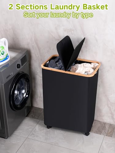 Image of efluky Double Laundry Hamper with Wheels, Divided Laundry Hamper with Removable Bags, 2 Section Dirty Clothes Basket with Handles for Bathroom, Bedroom & Laundry Room, 160L Dark Black