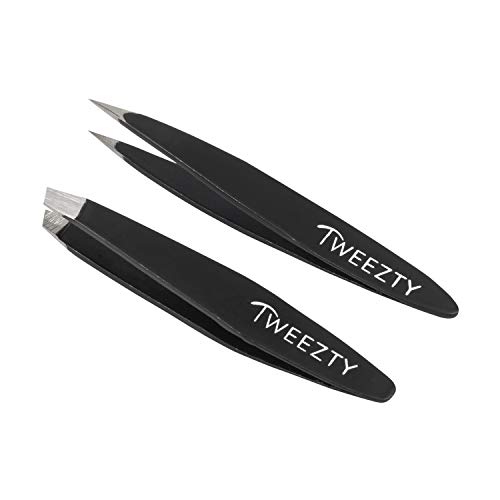 Tweezty Tweezer Set for Travel - Mini Slant Tweezers and Precision Tweezers - Tweezers for Eyebrows and Tweezers for Ingrown Hair - Black Tweezers Kit with Travel Case
