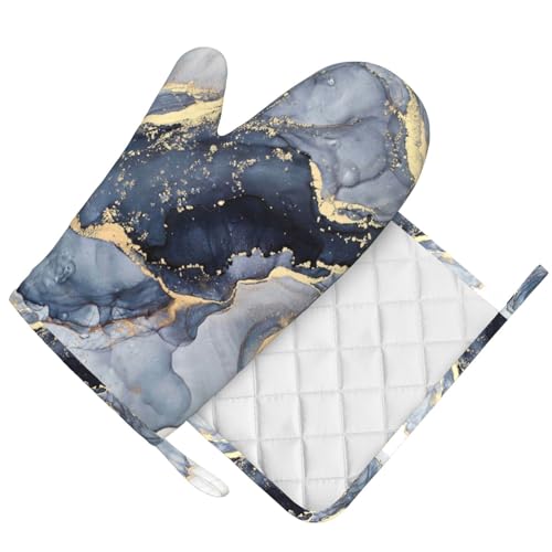 Silicone Oven Mitts and Pot Holders Sets, Home Navy Blue Marble Heat Resistant BBQ Gloves for Kitchen Baking Cooking Grilling Microwave by indokyeyqaz - Image 2