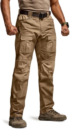 CQR Men's Flex Ripstop Tactical Pants, Water Resistant Stretch Cargo Pants, Lightweight EDC Hiking Work Pants, Breacher Cougar, 28W/30L