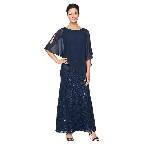 Image of S.L. Fashions Women's Long Sequin Lace Beaded Capelet Overlay Mother of The Bride Dress, Formal Evening Gown