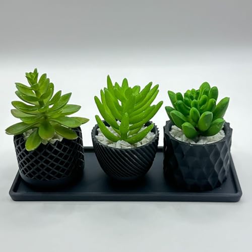 3 Vasinhos Decorativos com Mini suculenta Artificial + bandeja moderno (Preto)