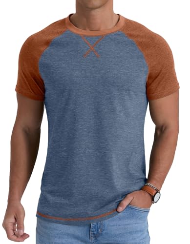 Image of QIXING Mens Tshirt Crew Neck Cotton T Shirt Summer Raglan Short Sleeve Shirt Tops VG Blue L