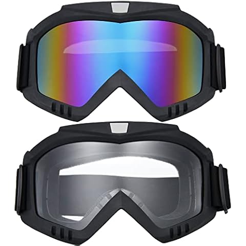 BROYEUR 2 Pack Motorcycle Goggles, Dirt Bike Goggles, Riding/ATV/Ski Motion Goggles ，for Adults Men Women Youth Kids (Colorful/Clear) Cover