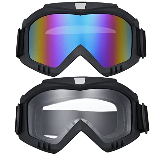 BROYEUR 2 Pack Motorcycle Goggles, Dirt Bike Goggles, Riding/ATV/Ski Motion Goggles ?for Adults Men Women Youth Kids (Colorful/Clear)