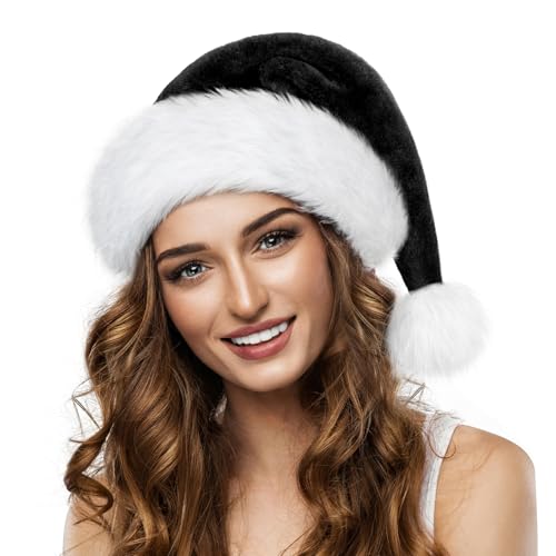 benpen Black Christmas Hat for Adults Kids Santa Hat, Luxury Novelty Funny Plush Xmas Santa Claus Headwear, Velvet Comfy Santa Outfit for New Year Festive Holiday Party