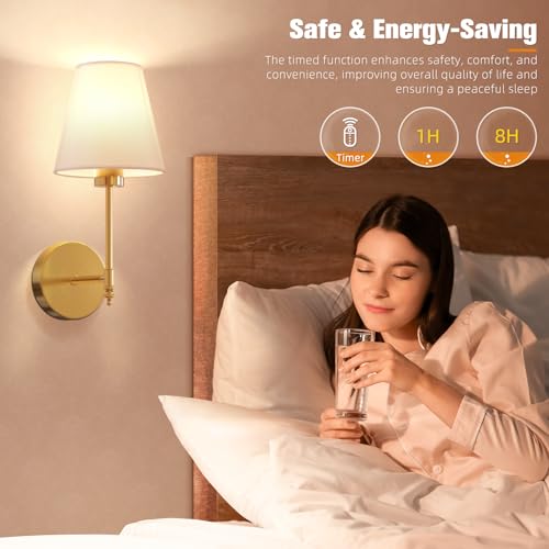 Image of NIORSUN 14.5 inch Battery Operated Wall Sconce Set of 2,Gold Rechargeable Wall Lights with 10400mAh Dimmable Detachable Bulbs and Remote,9 Colors Wireless Sconces for Bedroom Living Room Hallway Decor