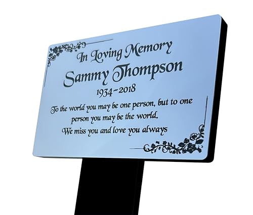 Personalised Memorial Plaque for Graves Marker with Stake in Silver, Gold, Garden Memory Plant Marker for Outdoors Fully Weatherproof, Silver