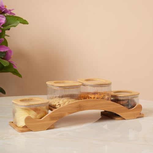 Image of HOME 360 Bamboo Bridge Tray | Set of 4 Ribbed Glass Canisters with Natural Wood Lids | Unique Arched Display Spice Rack | Minimalist Boho Kitchen Decor | (Bridge - 4Jar)