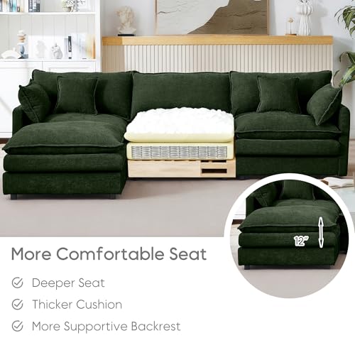 Image of 102 inch L Shaped Modular Sectional Sofa, Comfy Upholstery Chenille Cloud Couch with Ottoman, Modern 4-Seat Deep Seat Sofa with Pillow for Living Room, Bedroom, Apartment (Green)