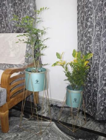 Image of Decent Home Decor Iron Metal Indoor Out Door Bedroom Home Office Planter Pot Tall Stand with Planter for Living Room, Balcony Flower Pot Stand Set of 2 (Silver Blue)