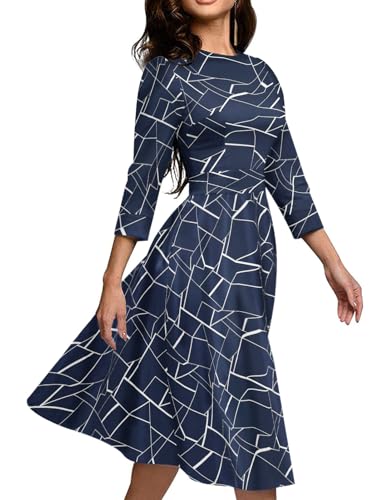 Image of Simple Flavor Womens Floral Vintage Midi Dress 3 /4 Sleeve | with pockets, Fit and flare aline, Knee-length, Church, Semi-formal, Wedding guest, Retro tea party & derby outfits