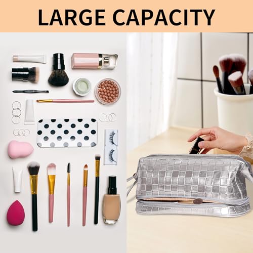 Abiudeng-Makeup-BagMake-up-BagToiletry-BagSmall-Make-up-BagTravel-Toiletry-Bag-Toiletries-BagCosmetic-Bag-with-CompatmentsLarge-CapacityPortablePU-LeatherToiletry-Bags-for-Women-C-Silver