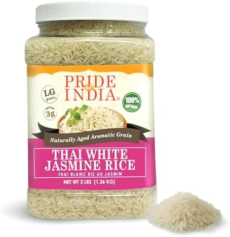 Pride Of India - Thai White Jasmine Rice - Fragrant Hom Mali Rice, 3.3 Pound (1.5 Kilo) Jar (2.2 Pound + Extra 50% Free = 3.3 Pounds Total)