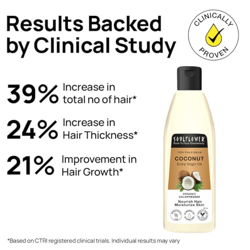 Image of Soulflower Extra Virgin Coconut Hair Oil 225ml | Clinically Proven for Hair Growth, Shine, Damage Repair, Frizz Control, Body Massage | 100% Pure, Ecocert Organic Certified, No Mineral Oil