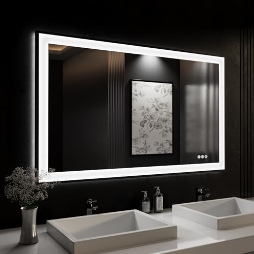 ISKM Framed LED Mirror for Bathroom 48"x28", Dimmable LED Bathroom Mirror with Lights, Anti-Fog, Front and Backlit Lighted Mirror 3-Colors, Shatterproof, Memory Function