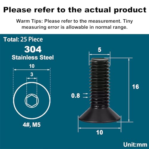 Drenky Black Socket Countersunk Screws M5 X 16mm 304 Stainless Steel Hex Socket Countersunk Bolts DIN 7991 / ISO 10642 Machine Screws Rustproof M5 Flat Head Hex Socket Cap Screws (Pack of 25) - Image 2