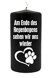 WB wohn trends Trauer-Kerze, Am Ende des Regenbogens... Hund Katze Tier-Pfote, schwarz weiß, 15cm d=8cm, Spruch-Kerze Gedenk-Kerze