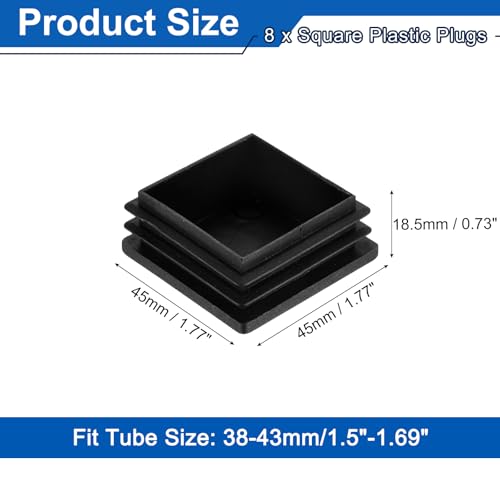 Image of uxcell 8Pcs Square Plastic Plugs, 45 x 45mm /1.77 x 1.77inch PE Pipe Tubing End Caps for 38-43mm /1.5-1.69inch Square Tube Furniture Chair Leg, Black