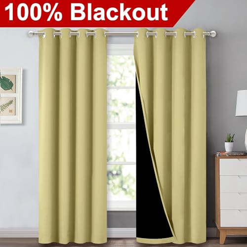 Image of NICETOWN Full Shading Curtains 90 inch Long 2 Panels Set for Windows, Super Heavy-Duty Black Lined Blackout Curtains for Bedroom, Privacy Assured Window Treatment (Paler Yellow, Pack of 2, 52 inch W)